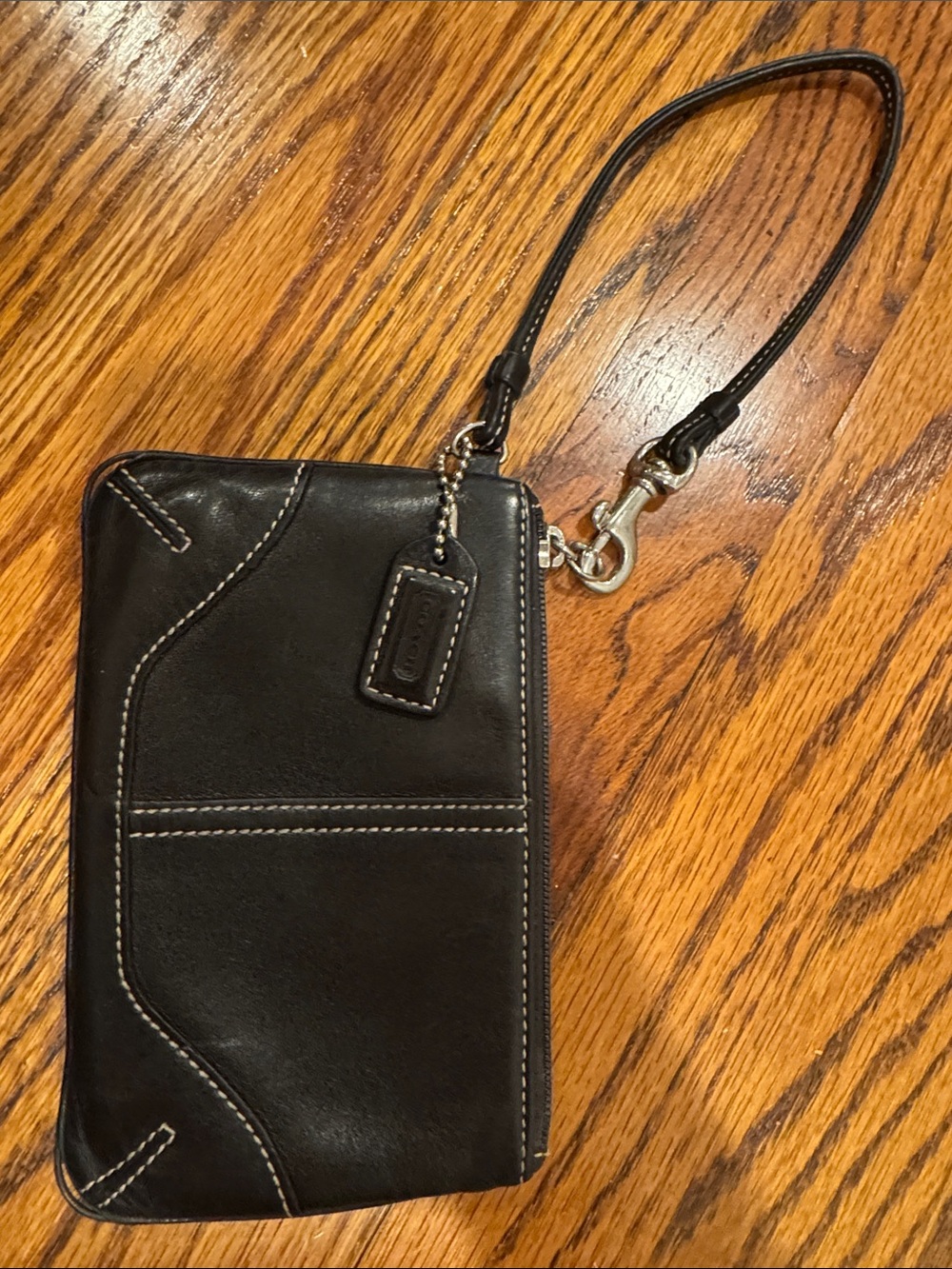 Coach Black Leather Wristlet with Contrast Stitching